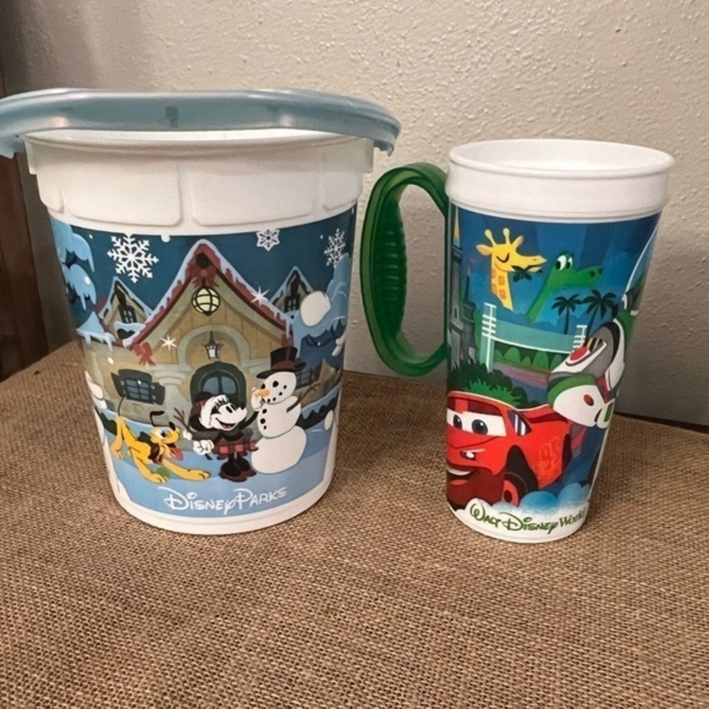 Disney Christmas Holiday Popcorn Bucket. NO LID. Disney Travel Mug NO LID.